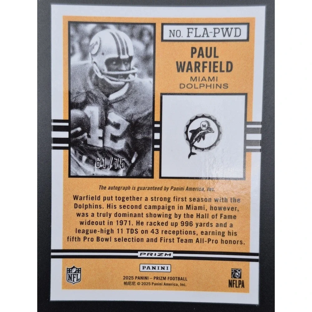 2025 Panini Prizm Paul Warfield #FLA-PWD Flashback Auto Green Scope Prizm /75